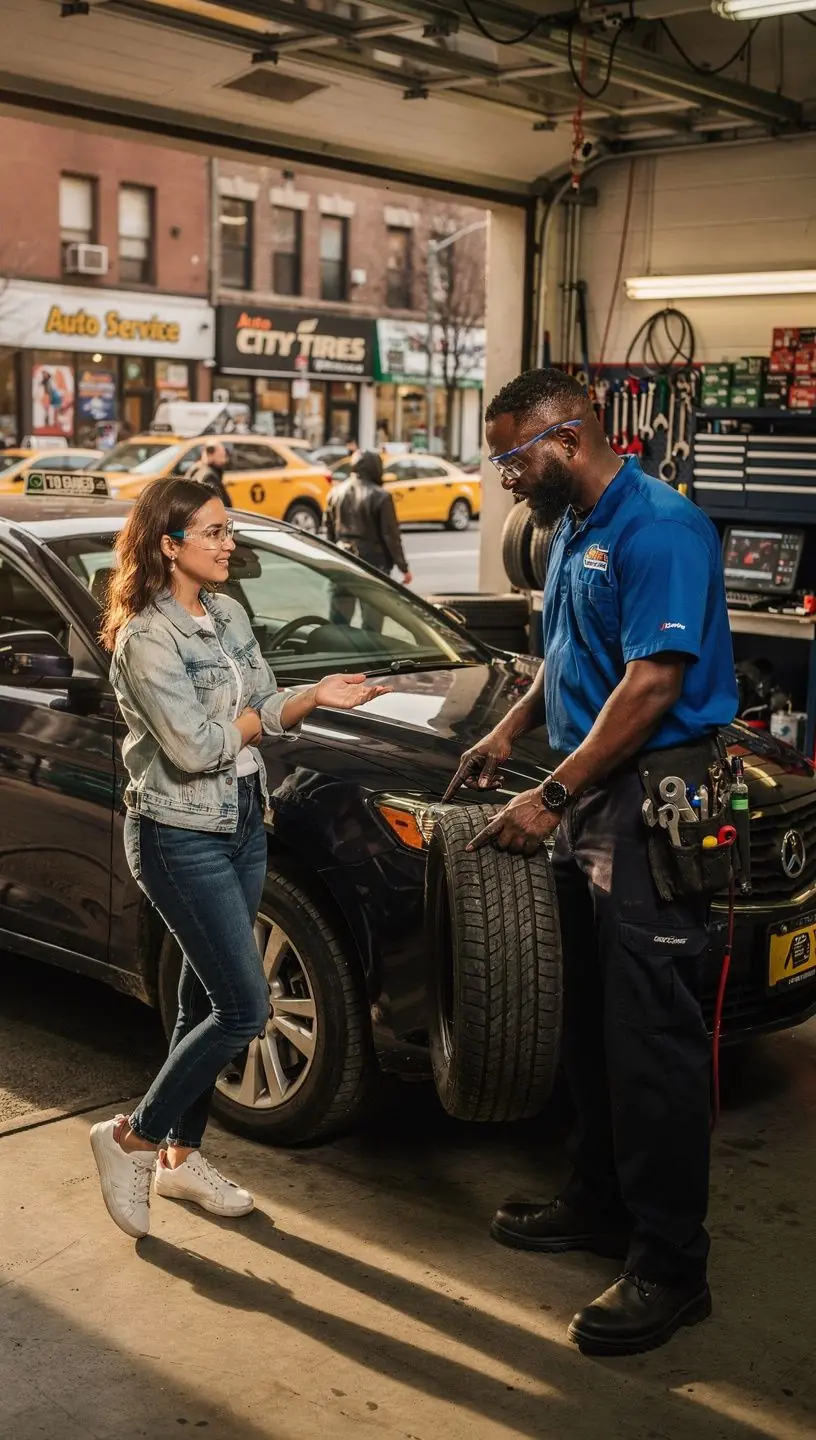 Customer at reception desk discussing fast turnaround auto repair options with service advisor in a clean, well-lit auto center.