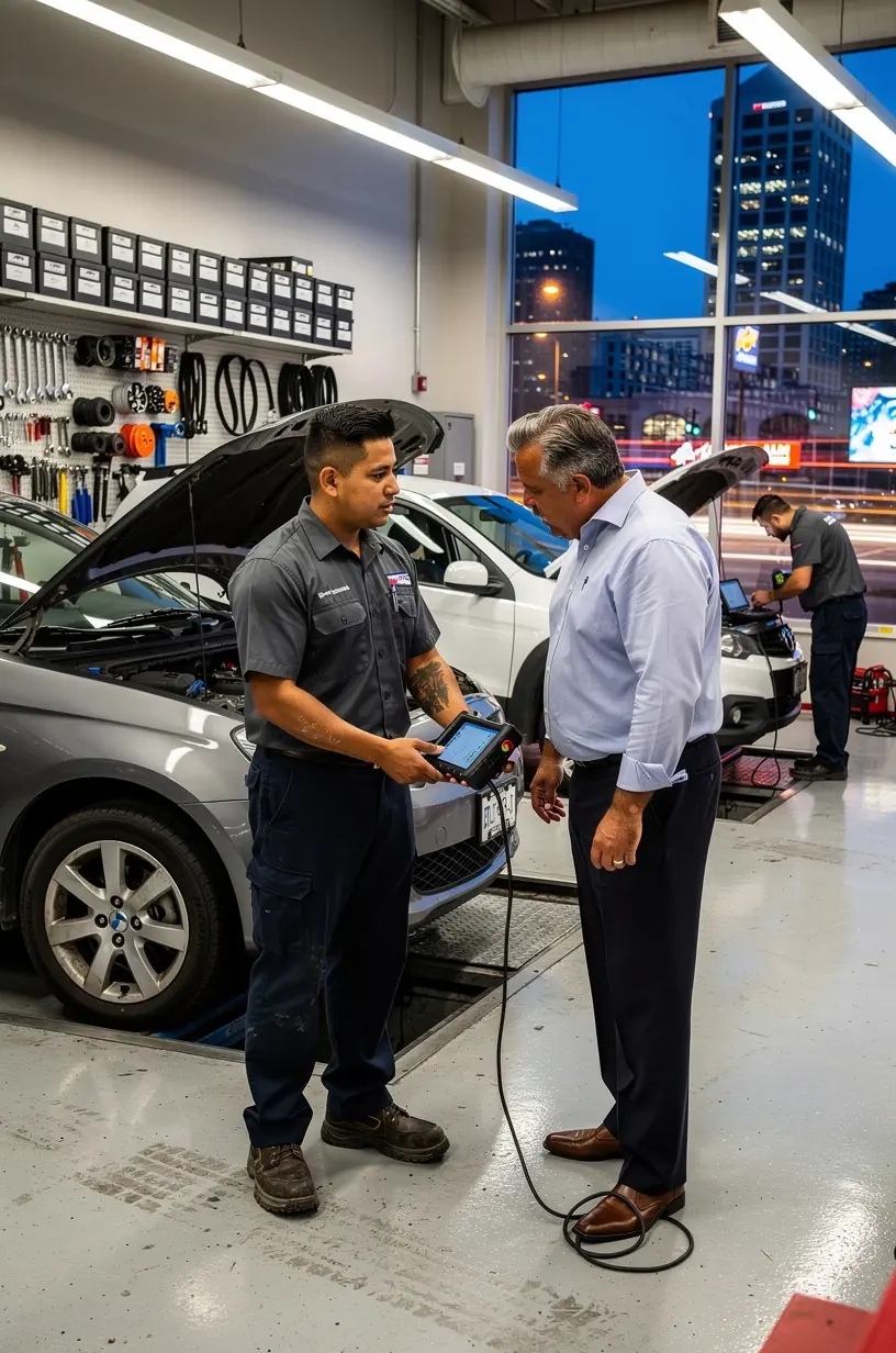 Exterior view of a bustling quick-service auto center located on a busy New York City street catering to urban drivers.
